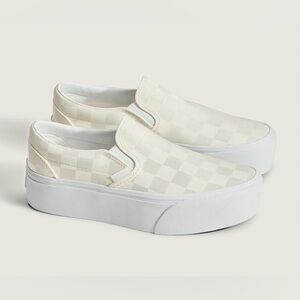 NEW VANS CHECKERED STACKFORM PLATFORM SLIP ON SHINY SATIN IVORY CHECKERED SZ 9.5